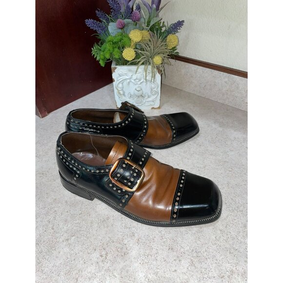 Vintage Handmade Two-Tone Leather Studded Monk Strap Dress Shoes Black & Brown - Picture 8 of 11